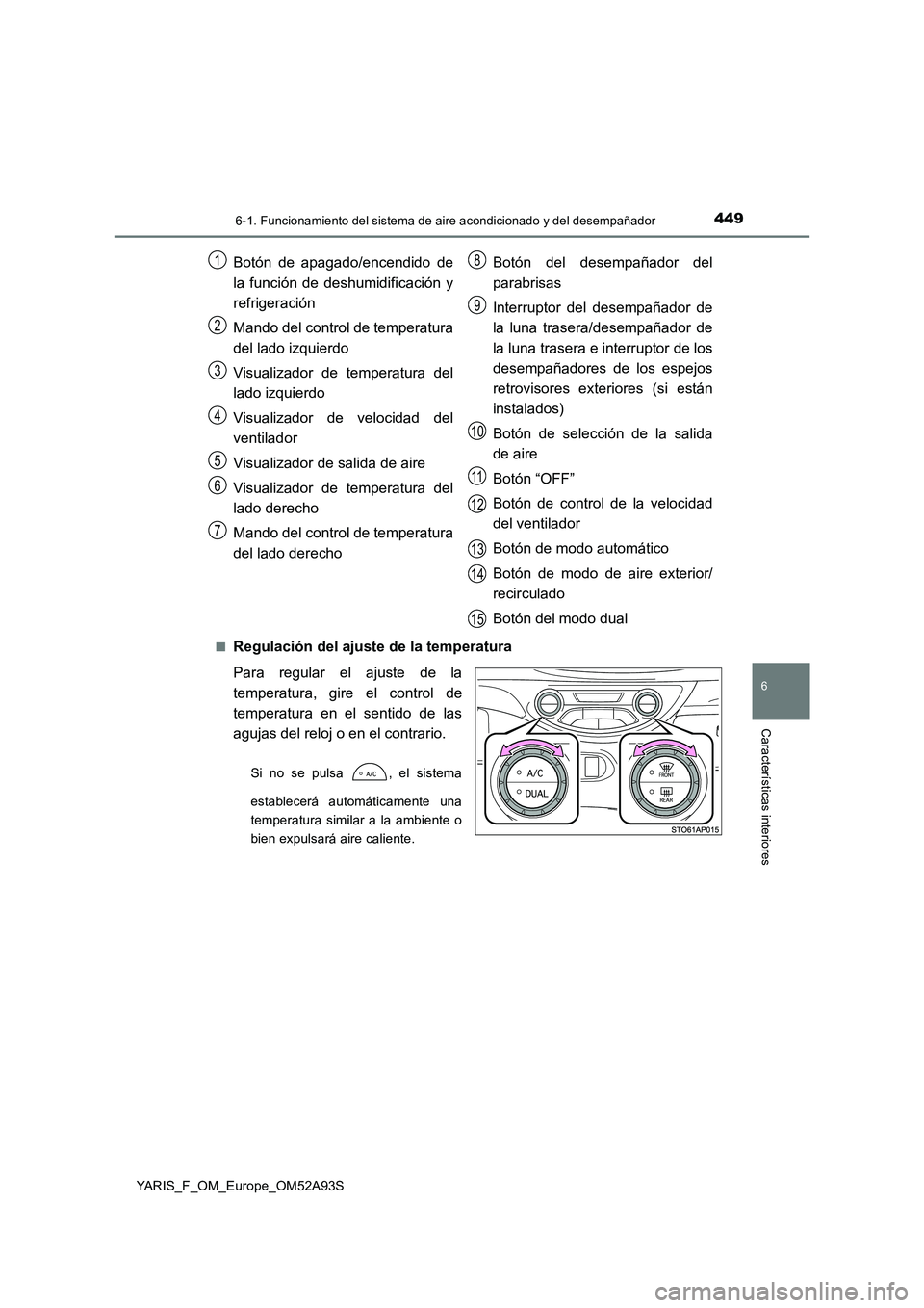 TOYOTA YARIS HATCHBACK 2019  Manual del propietario (in Spanish) 4496-1. Funcionamiento del sistema de aire acondicionado y del desempañador
6
Características interiores
YARIS_F_OM_Europe_OM52A93S 
■Regulación del ajuste de la temperatura 
Para regular el ajus