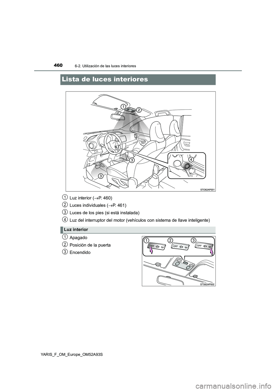 TOYOTA YARIS HATCHBACK 2019  Manual del propietario (in Spanish) 4606-2. Utilización de las luces interiores
YARIS_F_OM_Europe_OM52A93S
Lista de luces interiores
Apagado
Posición de la puerta
Encendido
Luz interior (P. 460)
Luces individuales (P. 461)
Luces