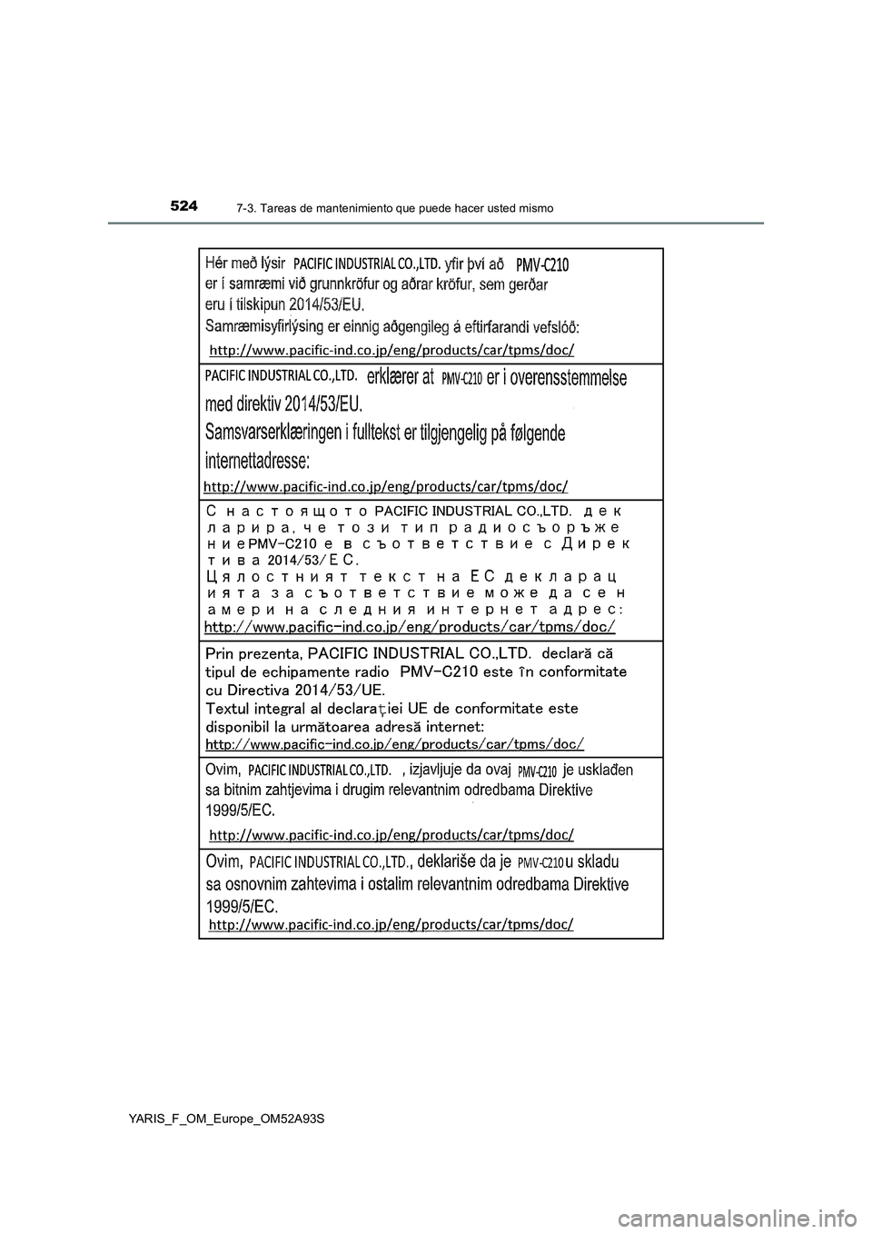 TOYOTA YARIS HATCHBACK 2019  Manual del propietario (in Spanish) 5247-3. Tareas de mantenimiento que puede hacer usted mismo
YARIS_F_OM_Europe_OM52A93S 