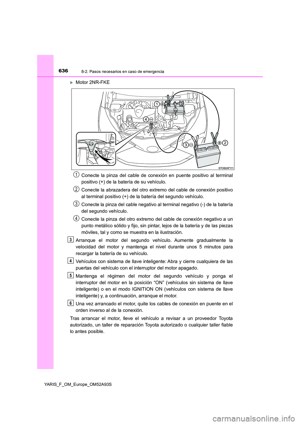 TOYOTA YARIS HATCHBACK 2019  Manual del propietario (in Spanish) 6368-2. Pasos necesarios en caso de emergencia
YARIS_F_OM_Europe_OM52A93S
Motor 2NR-FKE 
Conecte la pinza del cable de conexión en puente positivo al terminal 
positivo (+) de la batería de su ve