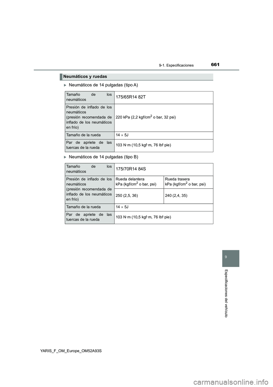 TOYOTA YARIS HATCHBACK 2019  Manual del propietario (in Spanish) 6619-1. Especificaciones
9
Especificaciones del vehículo
YARIS_F_OM_Europe_OM52A93S
Neumáticos de 14 pulgadas (tipo A)
Neumáticos de 14 pulgadas (tipo B)
Neumáticos y ruedas
Ta m a ñ o  d e