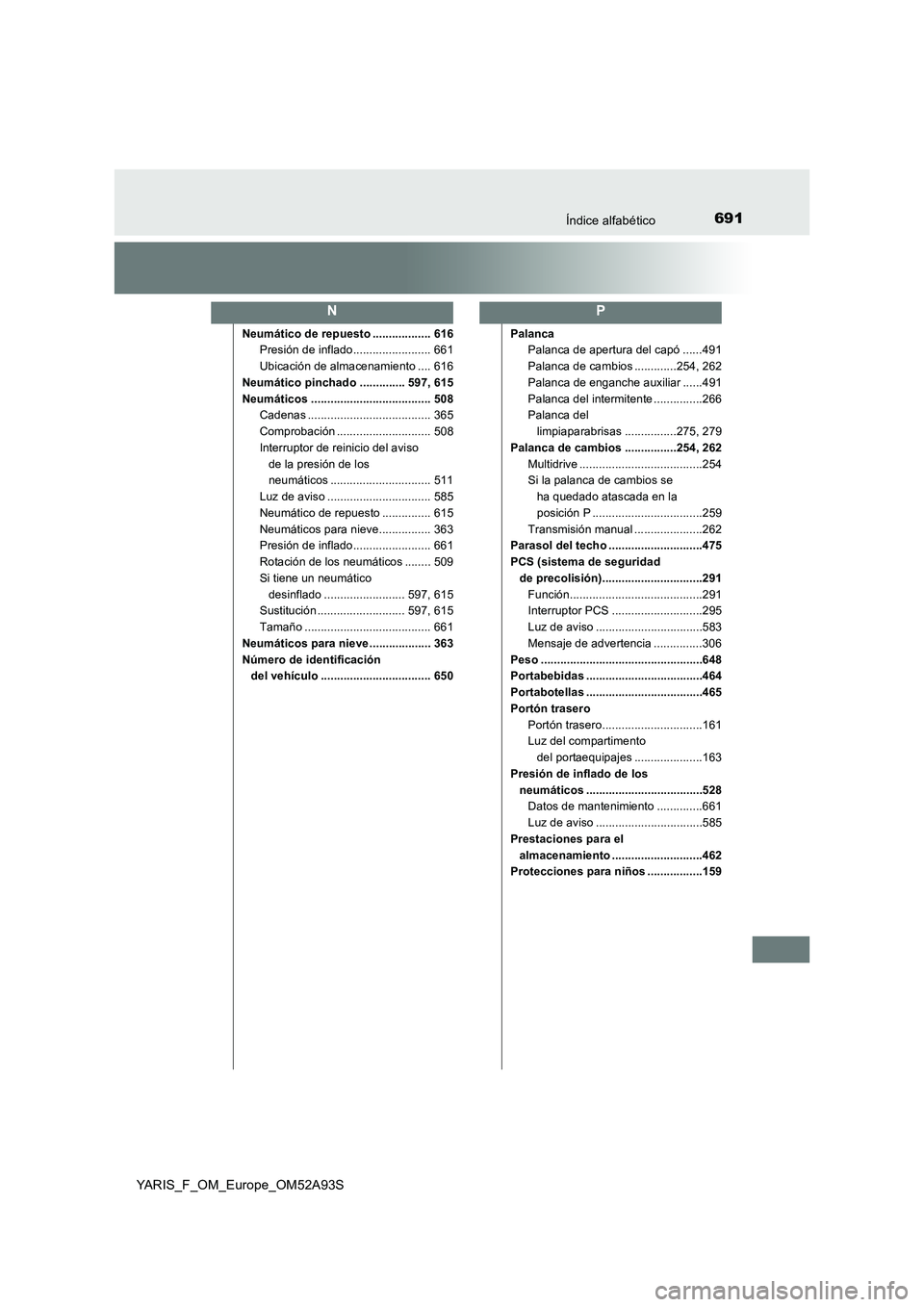 TOYOTA YARIS HATCHBACK 2019  Manual del propietario (in Spanish) 691Índice alfabético
YARIS_F_OM_Europe_OM52A93S
Neumático de repuesto .................. 616
Presión de inflado........................ 661
Ubicación de almacenamiento .... 616
Neumático pinchad