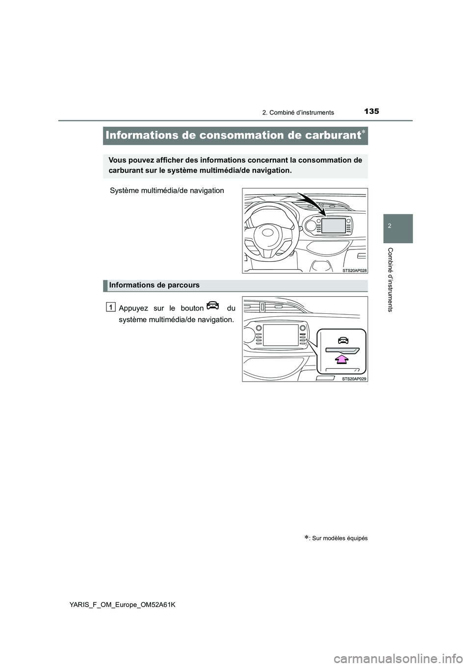 TOYOTA YARIS HATCHBACK 2019  Manuel du propriétaire (in French) 135
2
2. Combiné d’instruments
Combiné d’instruments
YARIS_F_OM_Europe_OM52A61K
Informations de consommation de carburant
Système multimédia/de navigation 
Appuyez sur le bouton  du 
systè