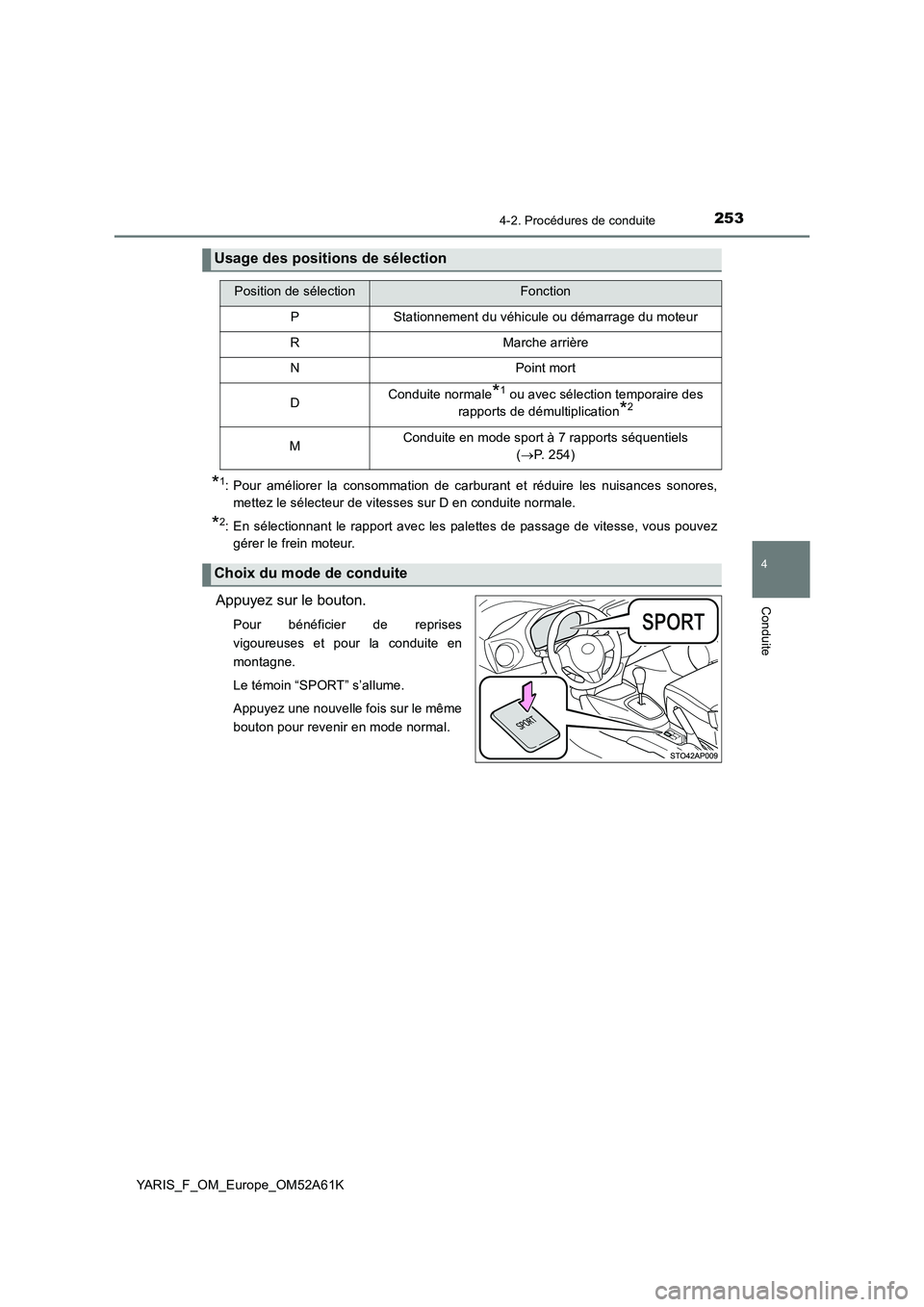 TOYOTA YARIS HATCHBACK 2019  Manuel du propriétaire (in French) 2534-2. Procédures de conduite
4
Conduite
YARIS_F_OM_Europe_OM52A61K
*1: Pour améliorer la consommation de carburant et réduire les nuisances sonores,
mettez le sélecteur de vitesses sur D en cond