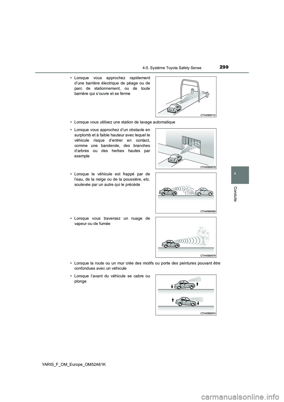 TOYOTA YARIS HATCHBACK 2019  Manuel du propriétaire (in French) 2994-5. Système Toyota Safety Sense
4
Conduite
YARIS_F_OM_Europe_OM52A61K 
• Lorsque vous utilisez une station de lavage automatique 
• Lorsque la route ou un mur crée des motifs ou porte des pe