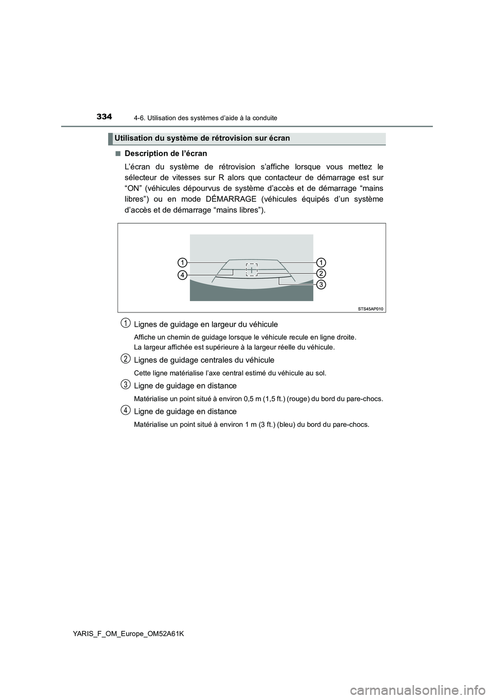 TOYOTA YARIS HATCHBACK 2019  Manuel du propriétaire (in French) 3344-6. Utilisation des systèmes d’aide à la conduite
YARIS_F_OM_Europe_OM52A61K■
Description de l’écran
L’écran du système de rétrovision s’affiche lorsque vous mettez le
sélecteur d