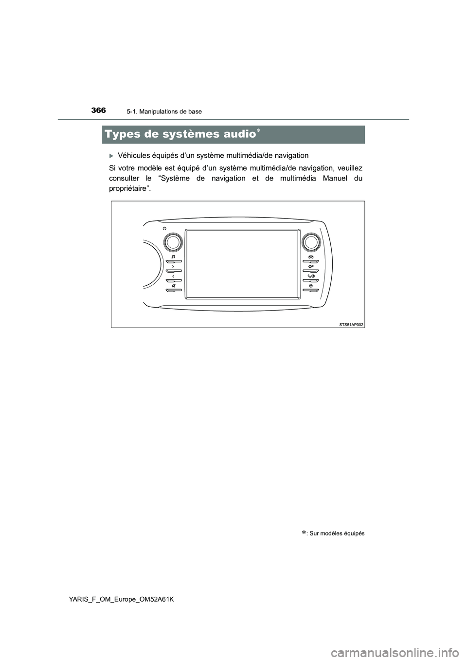 TOYOTA YARIS HATCHBACK 2019  Manuel du propriétaire (in French) 3665-1. Manipulations de base
YARIS_F_OM_Europe_OM52A61K
Types de systèmes audio
Véhicules équipés d’un système multimédia/de navigation 
Si votre modèle est équipé d’un systèm e m