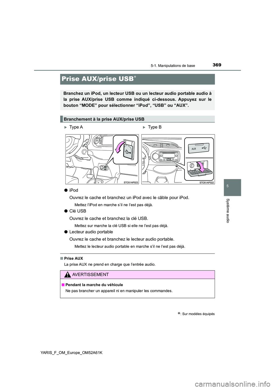 TOYOTA YARIS HATCHBACK 2019  Manuel du propriétaire (in French) 369
5
5-1. Manipulations de base
Système audio
YARIS_F_OM_Europe_OM52A61K
Prise AUX/prise USB
●iPod 
Ouvrez le cache et branchez un iPod avec le câble pour iPod.
Mettez l’iPod en marche s’i