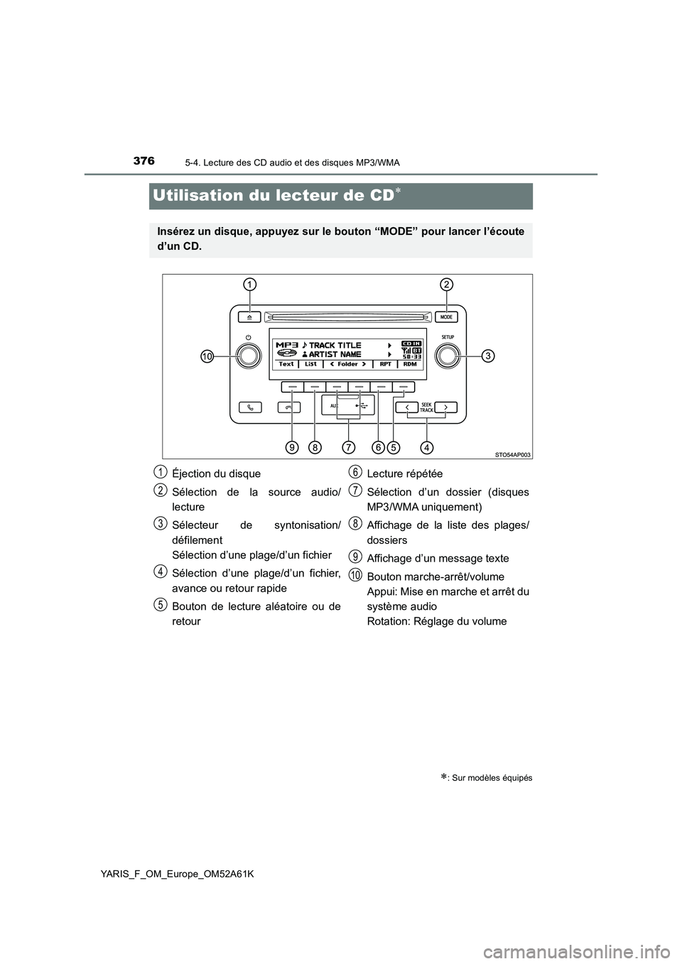 TOYOTA YARIS HATCHBACK 2019  Manuel du propriétaire (in French) 3765-4. Lecture des CD audio et des disques MP3/WMA
YARIS_F_OM_Europe_OM52A61K
Utilisation du lecteur de CD
: Sur modèles équipés
Insérez un disque, appuyez sur le bouton “MODE” pour lan