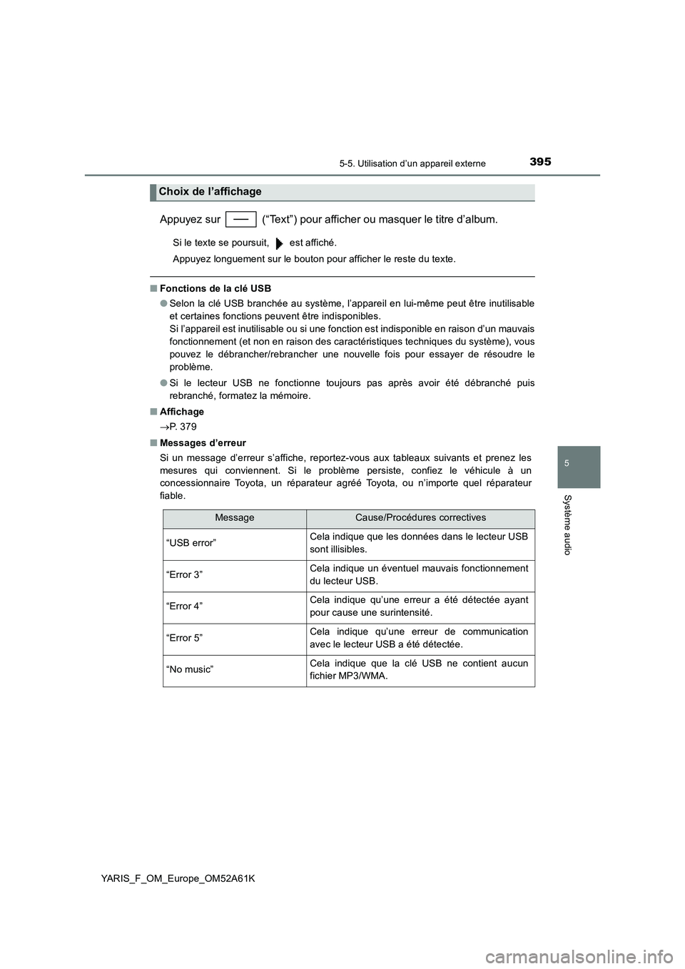 TOYOTA YARIS HATCHBACK 2019  Manuel du propriétaire (in French) 3955-5. Utilisation d’un appareil externe
5
Système audio
YARIS_F_OM_Europe_OM52A61K
Appuyez sur   (“Text”) pour afficher ou masquer le titre d’album.
Si le texte se poursuit,   est affiché.
