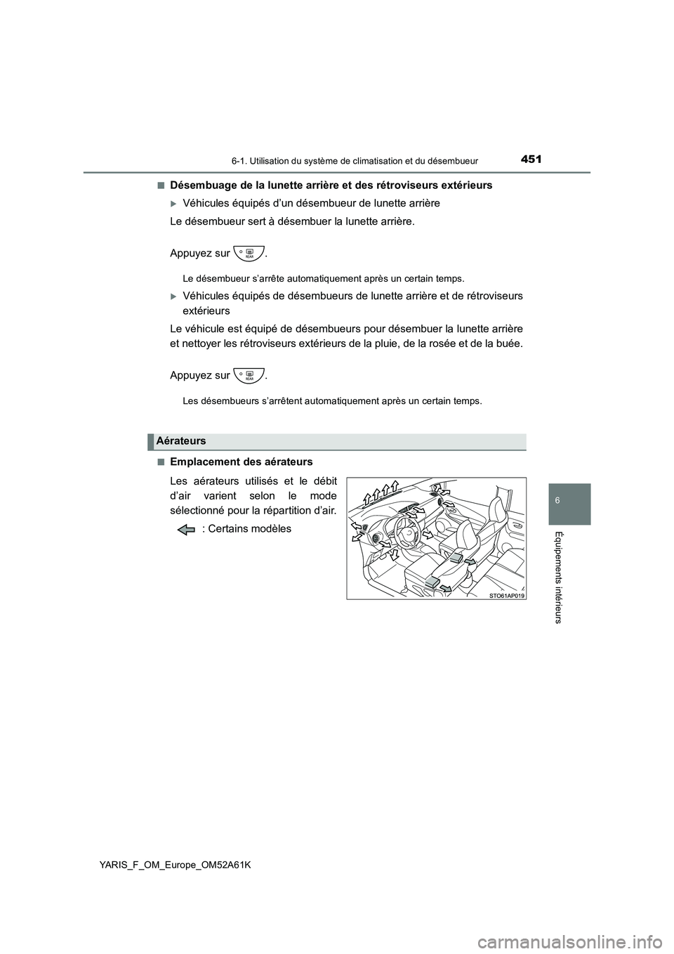TOYOTA YARIS HATCHBACK 2019  Manuel du propriétaire (in French) 4516-1. Utilisation du système de climatisation et du désembueur
6
Équipements intérieurs
YARIS_F_OM_Europe_OM52A61K 
■Désembuage de la lunette arrière et des rétroviseurs extérieurs
Véh