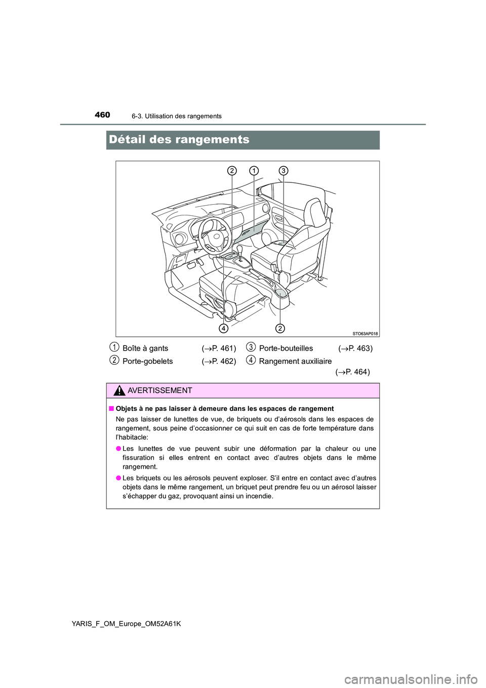 TOYOTA YARIS HATCHBACK 2019  Manuel du propriétaire (in French) 4606-3. Utilisation des rangements
YARIS_F_OM_Europe_OM52A61K
Détail des rangements
Boîte à gants  (P. 461) 
Porte-gobelets ( P. 462) 
Porte-bouteilles ( P. 463) 
Rangement auxiliaire 
( 