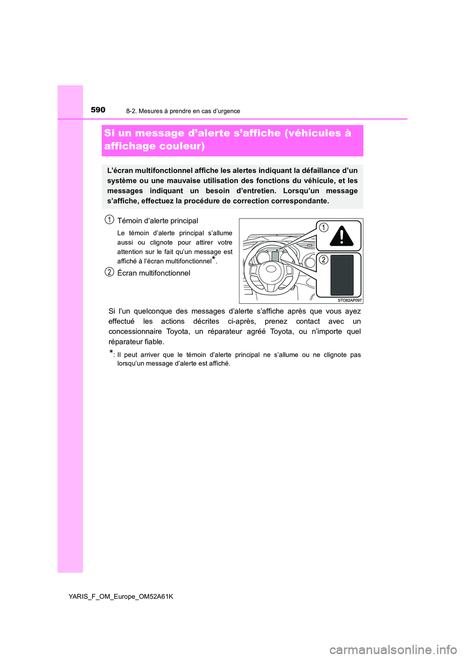 TOYOTA YARIS HATCHBACK 2019  Manuel du propriétaire (in French) 5908-2. Mesures à prendre en cas d’urgence
YARIS_F_OM_Europe_OM52A61K
Si un message d’alerte s’affiche (véhicules à  
affichage couleur)
Témoin d’alerte principal
Le témoin d’alerte pri