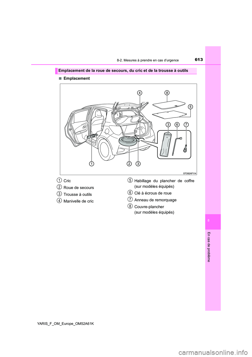 TOYOTA YARIS HATCHBACK 2019  Manuel du propriétaire (in French) 6138-2. Mesures à prendre en cas d’urgence
8
En cas de problème
YARIS_F_OM_Europe_OM52A61K 
■Emplacement
Emplacement de la roue de secours, du cric et de la trousse à outils
Cric 
Roue de secou