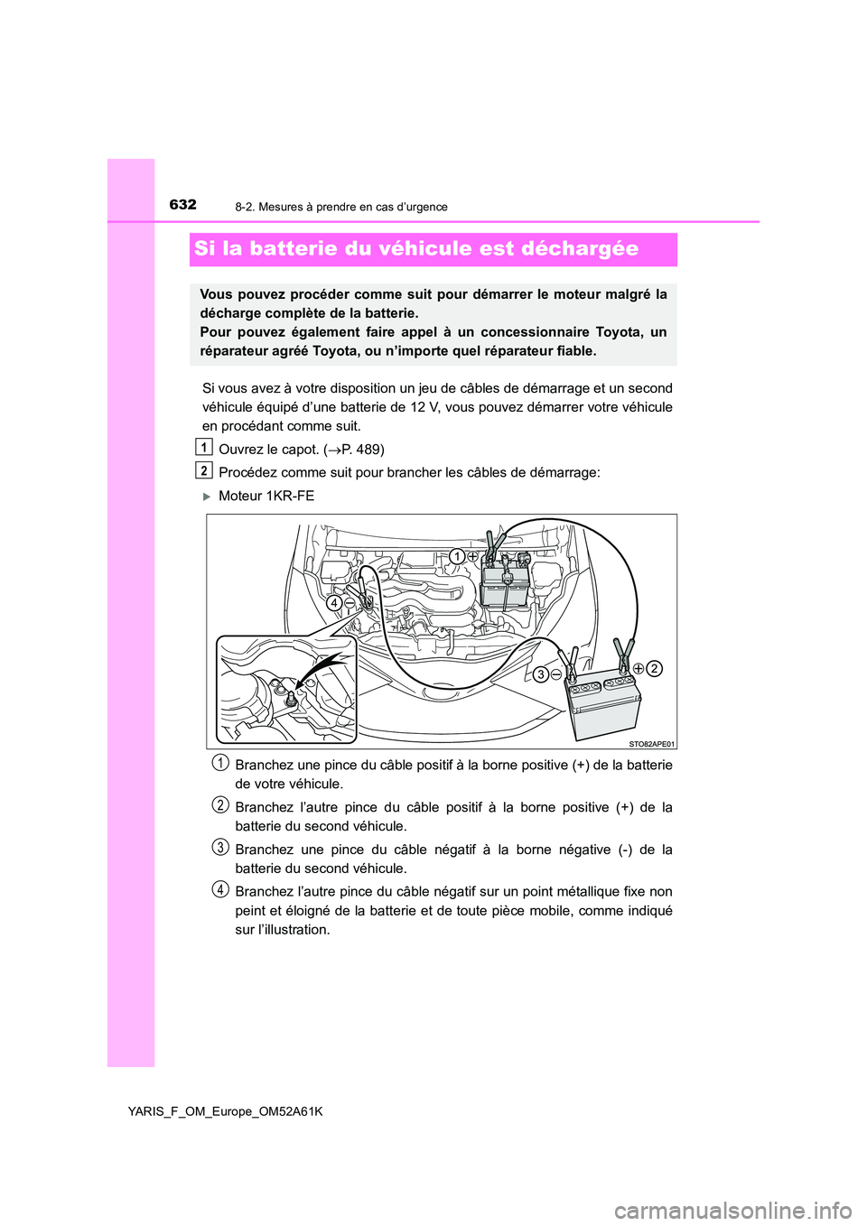 TOYOTA YARIS HATCHBACK 2019  Manuel du propriétaire (in French) 6328-2. Mesures à prendre en cas d’urgence
YARIS_F_OM_Europe_OM52A61K
Si la batterie du véhicule est déchargée
Si vous avez à votre disposition un jeu de câbles de démarrage et un second 
vé