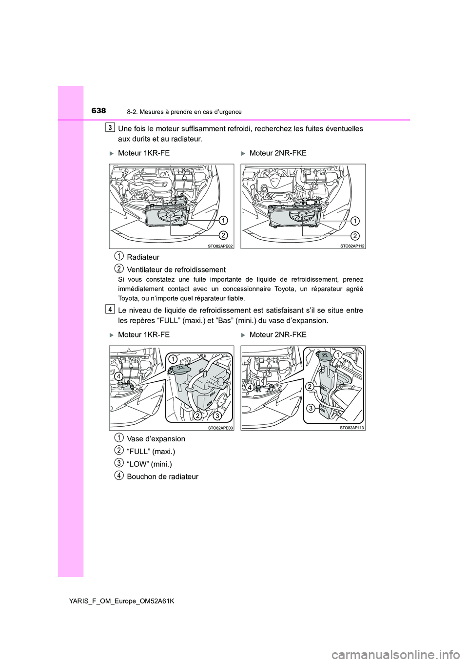 TOYOTA YARIS HATCHBACK 2019  Manuel du propriétaire (in French) 6388-2. Mesures à prendre en cas d’urgence
YARIS_F_OM_Europe_OM52A61K
Une fois le moteur suffisamment refroidi, recherchez les fuites éventuelles 
aux durits et au radiateur.
Si vous constatez une