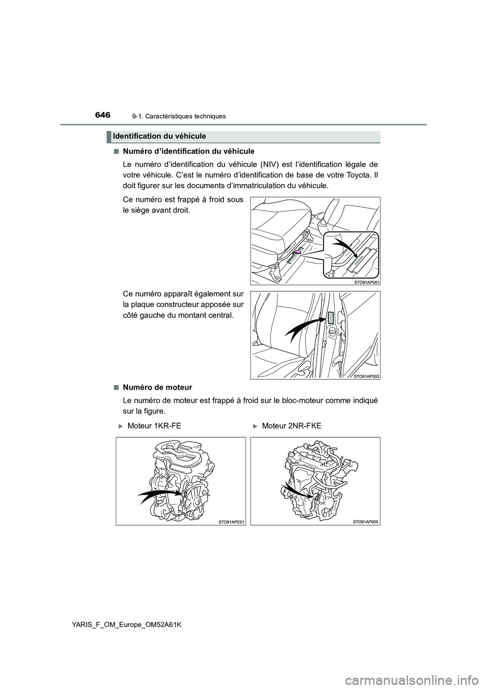 TOYOTA YARIS HATCHBACK 2019  Manuel du propriétaire (in French) 6469-1. Caractéristiques techniques
YARIS_F_OM_Europe_OM52A61K■
Numéro d’identification du véhicule
Le numéro d’identification du véhicule (NIV) est l’identification légale de
votre véh