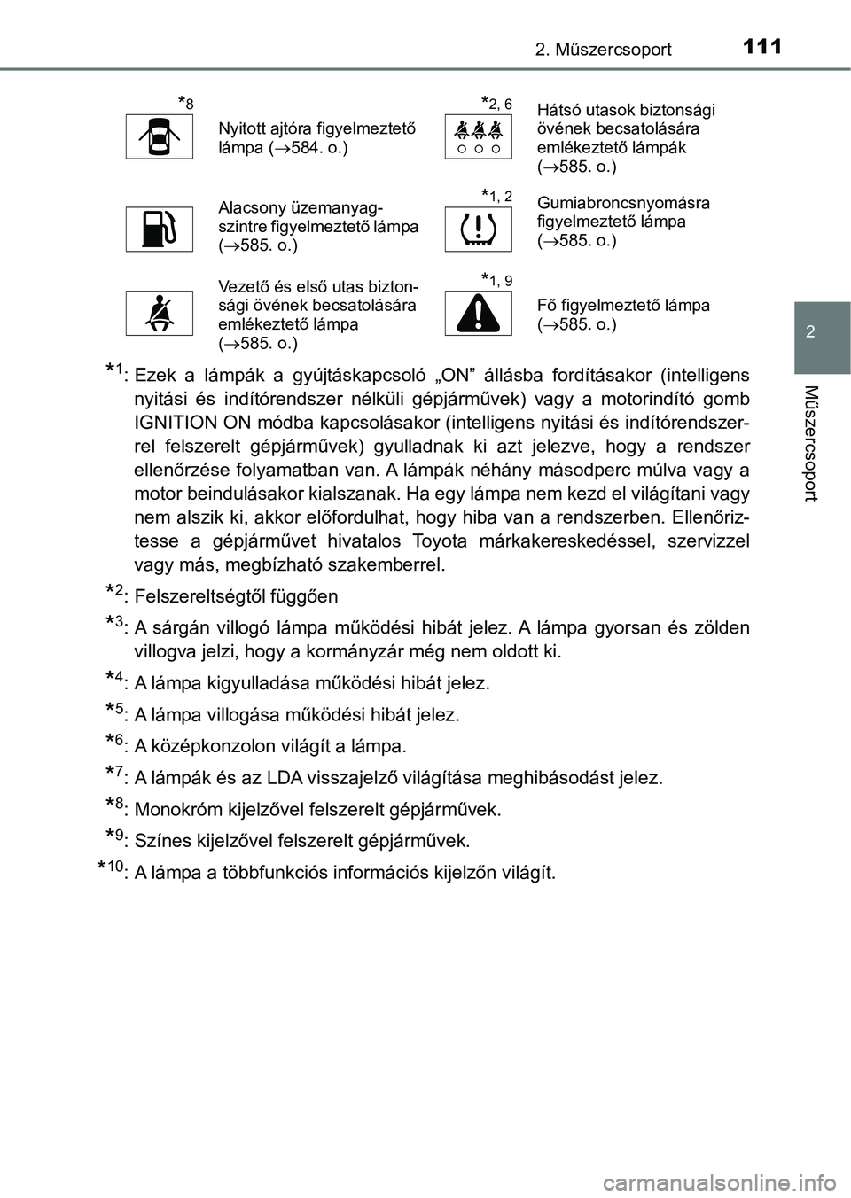 TOYOTA YARIS HATCHBACK 2019  Kezelési útmutató (in Hungarian) 1112. Műszercsoport
2
Műszercsoport*1: Ezek  a  lámpák  a  gyújtáskapcsoló  „ON”  állásba  fordításakor  (intelligensnyitási  és  indítórendszer  nélküli  gépjárművek)  vagy  a