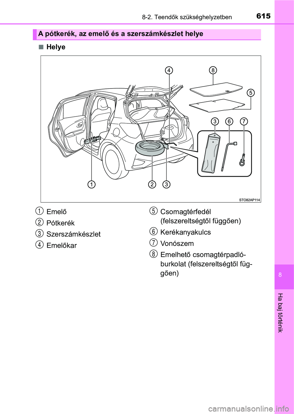 TOYOTA YARIS HATCHBACK 2019  Kezelési útmutató (in Hungarian) 6158-2. Teendők szükséghelyzetben
8
Ha baj történik
nHelye
A pótkerék, az emelő és a szerszámkészlet helye
Emelő
Pótkerék
Szerszámkészlet
EmelőkarCsomagtérfedél 
(felszereltségtől