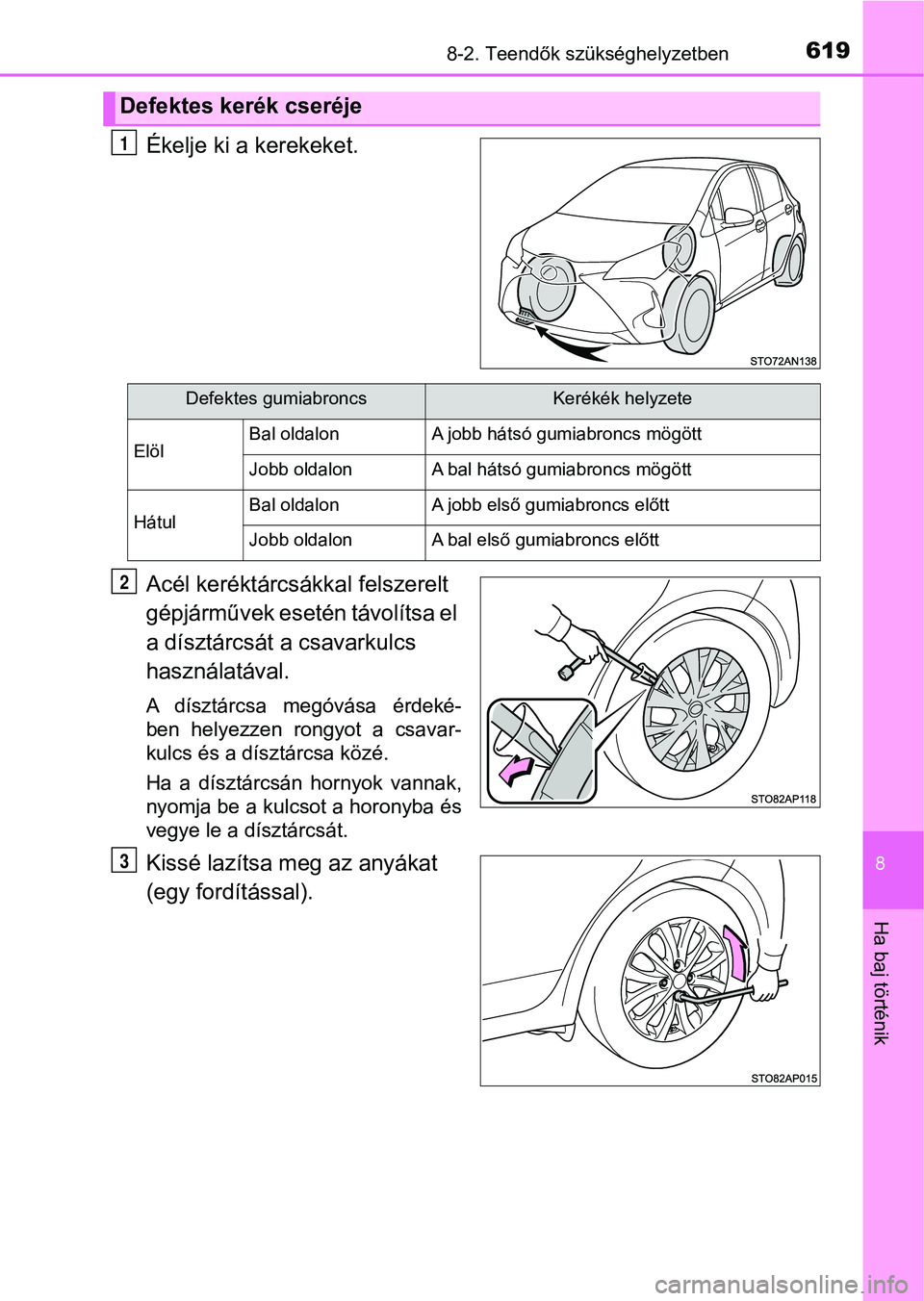 TOYOTA YARIS HATCHBACK 2019  Kezelési útmutató (in Hungarian) 6198-2. Teendők szükséghelyzetben
8
Ha baj történik
Ékelje ki a kerekeket.
Acél keréktárcsákkal felszerelt 
gépjárművek esetén távolítsa el 
a dísztárcsát a csavarkulcs 
használat