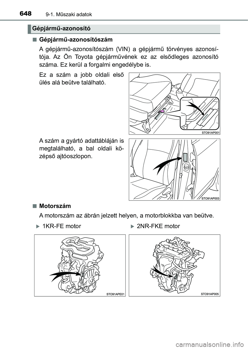 TOYOTA YARIS HATCHBACK 2019  Kezelési útmutató (in Hungarian) 6489-1. Műszaki adatok
nGépjármű-azonosítószám
A  gépjármű-azonosítószám  (VIN)  a  gépjármű  törvényes  azonosí-
tója.  Az  Ön  Toyota  gépjárművének  ez  az  elsődleges  az