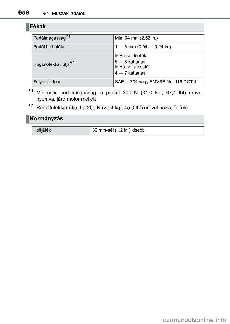 TOYOTA YARIS HATCHBACK 2019  Kezelési útmutató (in Hungarian) 6589-1. Műszaki adatok
*1: Minimális  pedálmagasság,  a  pedált  300  N  (31,0  kgf,  67,4  lbf)  erővel
nyomva, járó motor mellett
*2: Rögzítőfékkar útja, ha 200 N (20,4 kgf, 45,0 lbf) e