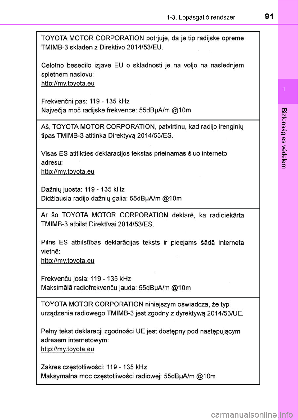 TOYOTA YARIS HATCHBACK 2019  Kezelési útmutató (in Hungarian) 911-3. Lopásgátló rendszer
1
Biztonság és védelem 