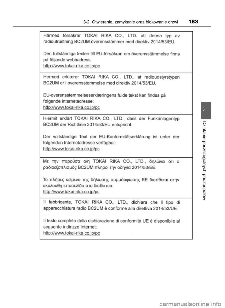 TOYOTA YARIS HATCHBACK 2019  Instrukcja obsługi (in Polish) 3-2. Otwieranie, zamykanie oraz blokowanie drzwi183
3
Dzia∏anie poszczególnych podzespo∏ów
10 YARIS OM52A54E  8/4/19  11:06  Page 183    (Black plate) 
