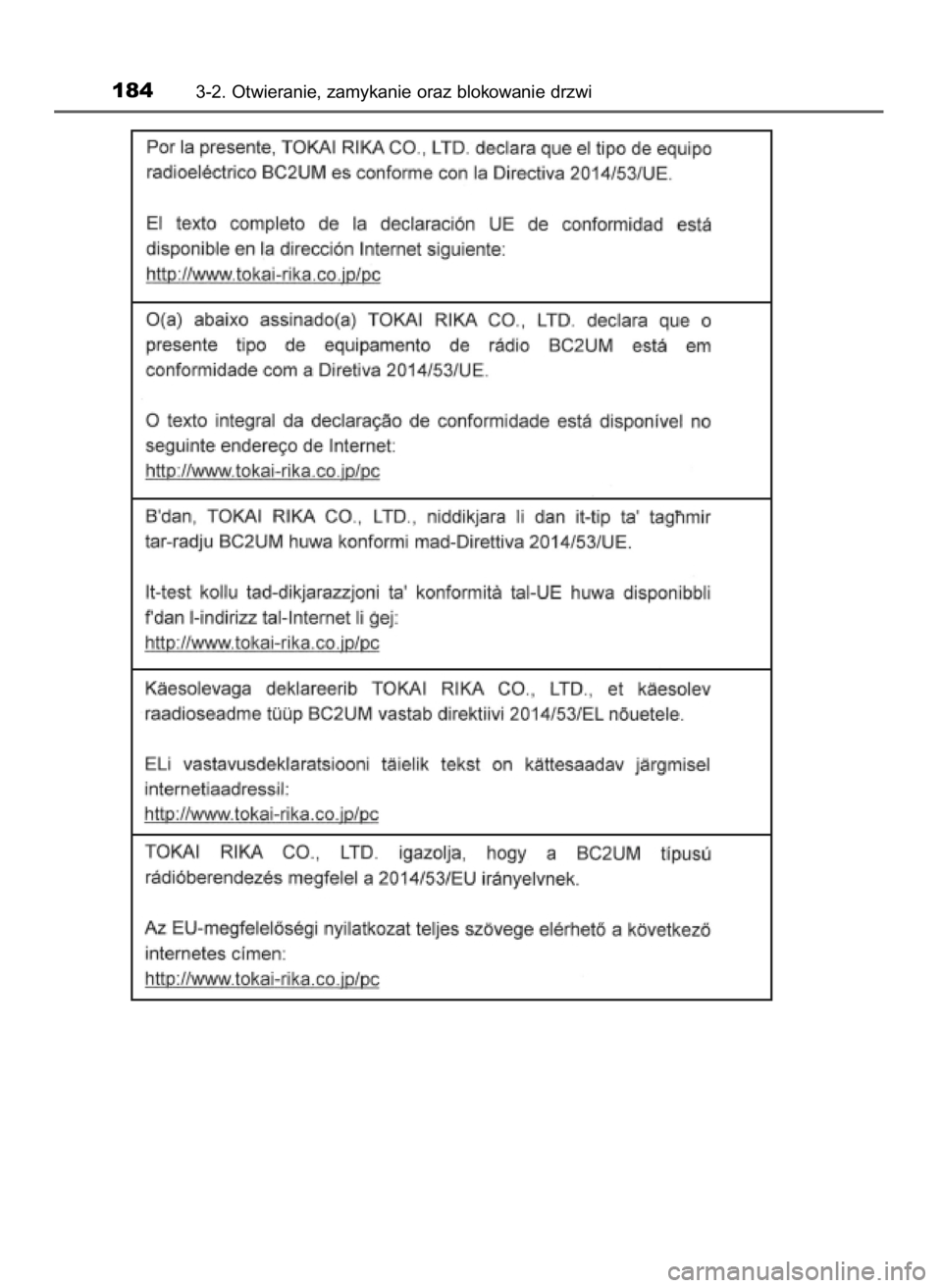 TOYOTA YARIS HATCHBACK 2019  Instrukcja obsługi (in Polish) 1843-2. Otwieranie, zamykanie oraz blokowanie drzwi
10 YARIS OM52A54E  8/4/19  11:06  Page 184    (Black plate) 
