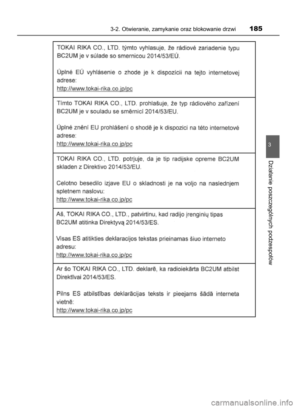 TOYOTA YARIS HATCHBACK 2019  Instrukcja obsługi (in Polish) 3-2. Otwieranie, zamykanie oraz blokowanie drzwi185
3
Dzia∏anie poszczególnych podzespo∏ów
10 YARIS OM52A54E  8/4/19  11:06  Page 185    (Black plate) 