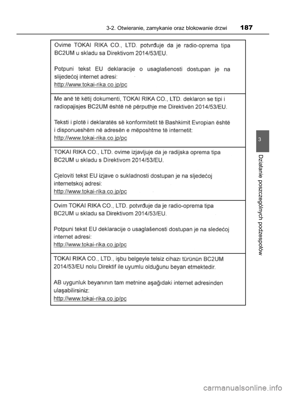 TOYOTA YARIS HATCHBACK 2019  Instrukcja obsługi (in Polish) 3-2. Otwieranie, zamykanie oraz blokowanie drzwi187
3
Dzia∏anie poszczególnych podzespo∏ów
10 YARIS OM52A54E  8/4/19  11:06  Page 187    (Black plate) 
