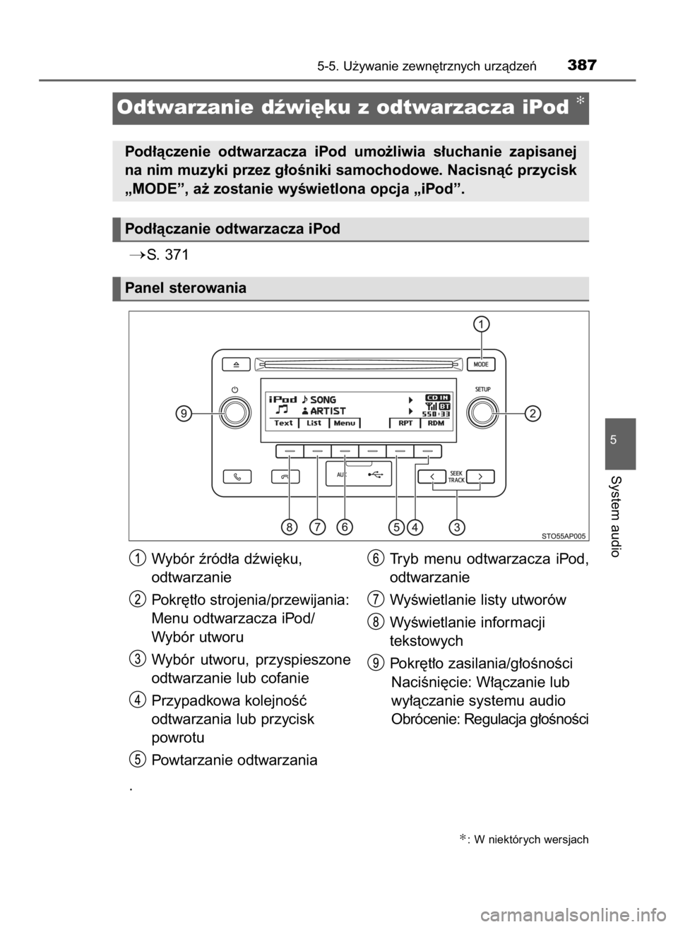 TOYOTA YARIS HATCHBACK 2019  Instrukcja obsługi (in Polish) S. 371
5-5. U˝ywanie zewn´trznych urzàdzeƒ387
5
System audio
Odtwarzanie dêwi´ku z odtwarzacza iPod ✻
Pod∏àczenie  odtwarzacza  iPod  umo˝liwia  s∏uchanie  zapisanej
na nim muzyki przez