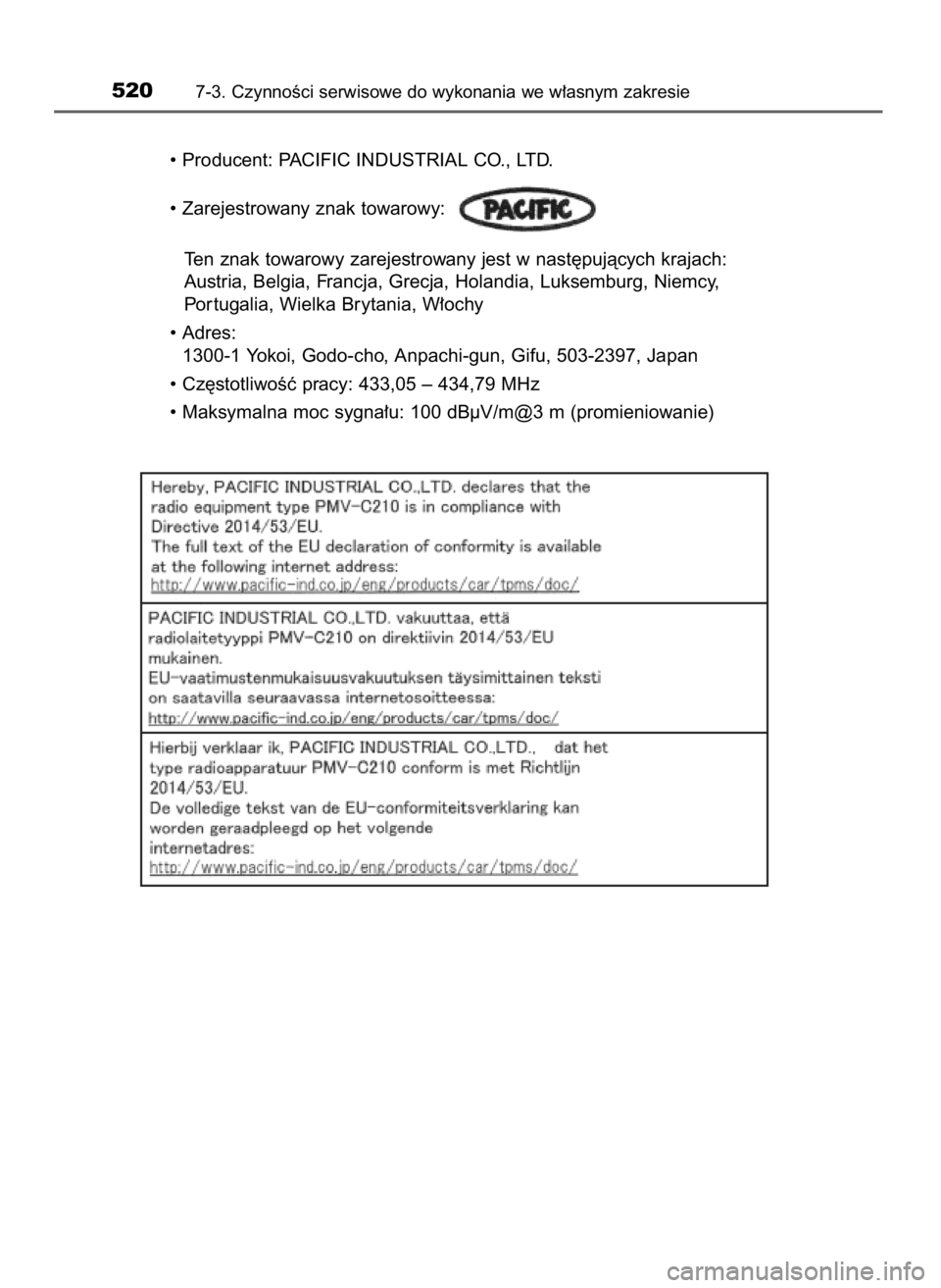 TOYOTA YARIS HATCHBACK 2019  Instrukcja obsługi (in Polish) 5207-3. CzynnoÊci serwisowe do wykonania we w∏asnym zakresie
• Producent: PACIFIC INDUSTRIAL CO., LTD.
• Zarejestrowany znak towarowy:
Ten znak towarowy zarejestrowany jest w nast´pujàcych kr