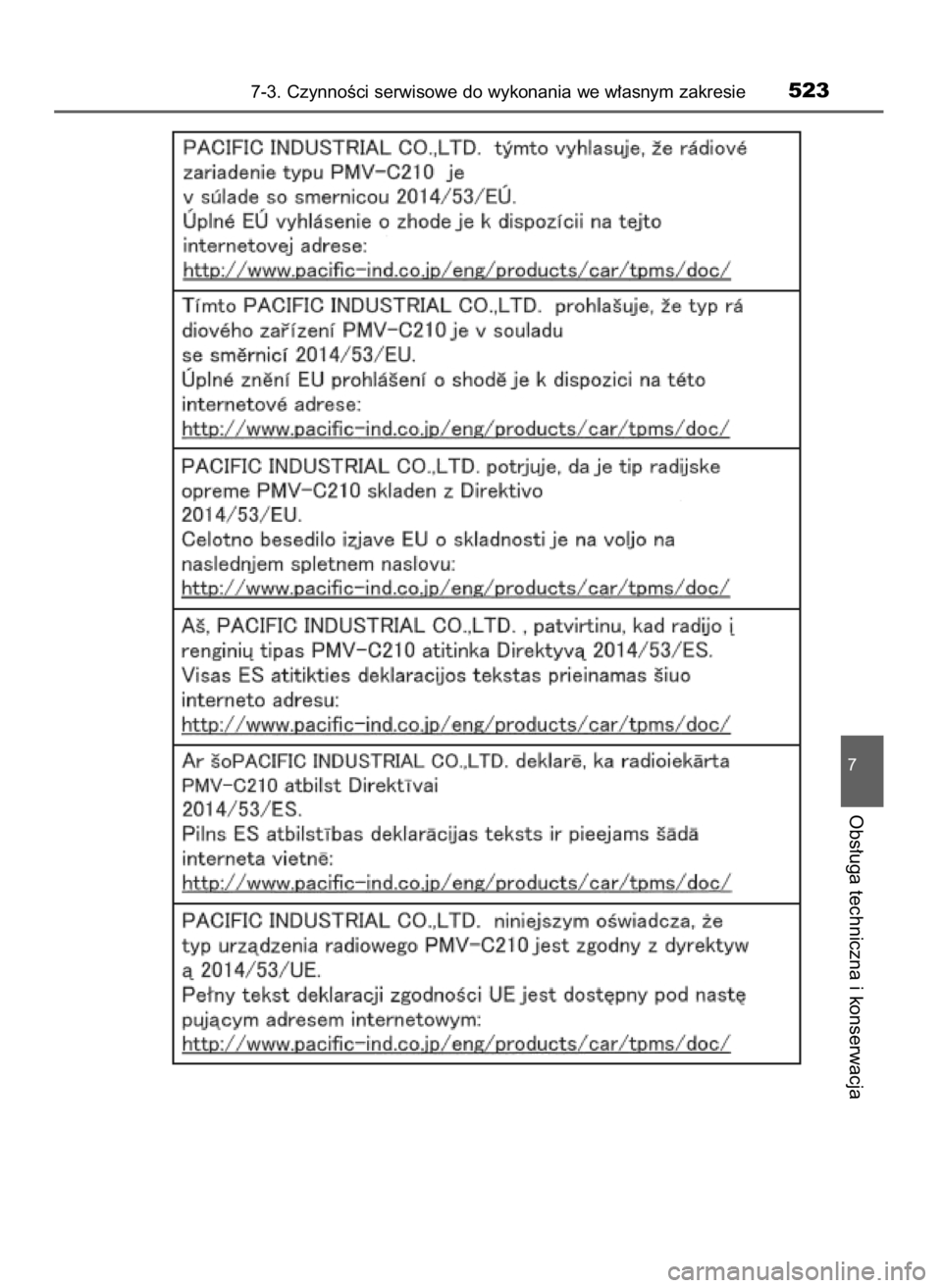 TOYOTA YARIS HATCHBACK 2019  Instrukcja obsługi (in Polish) 7-3. CzynnoÊci serwisowe do wykonania we w∏asnym zakresie523
7
Obs∏uga techniczna i konserwacja
10 YARIS OM52A54E  8/4/19  11:07  Page 523    (Black plate) 
