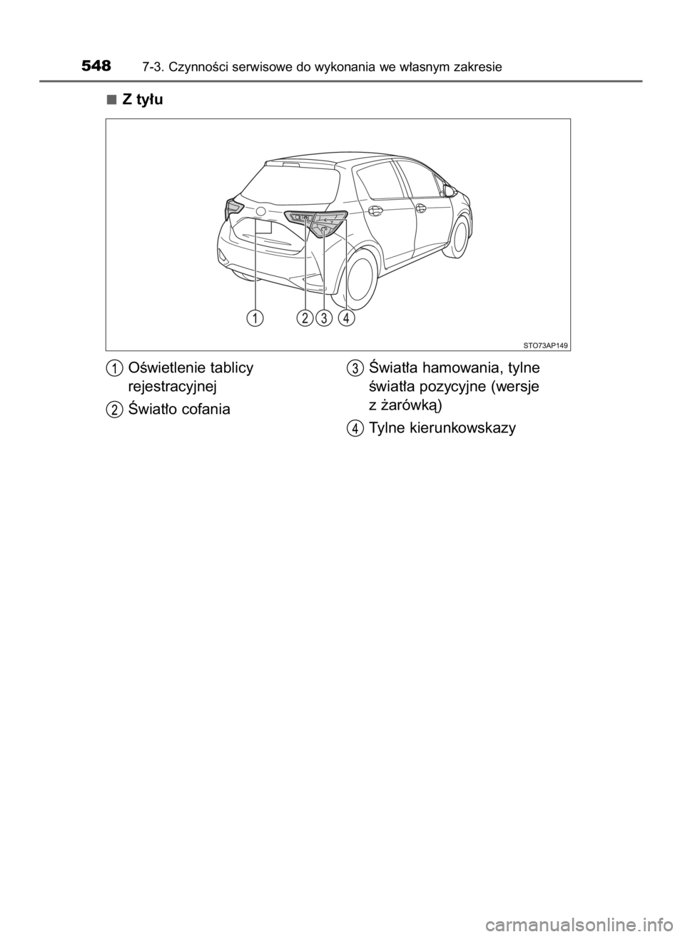TOYOTA YARIS HATCHBACK 2019  Instrukcja obsługi (in Polish) Z ty∏u
5487-3. CzynnoÊci serwisowe do wykonania we w∏asnym zakresie
OÊwietlenie tablicy 
rejestracyjnej
Âwiat∏o cofaniaÂwiat∏a hamowania, tylne
Êwiat∏a pozycyjne (wersje
z ˝arówkà)
T