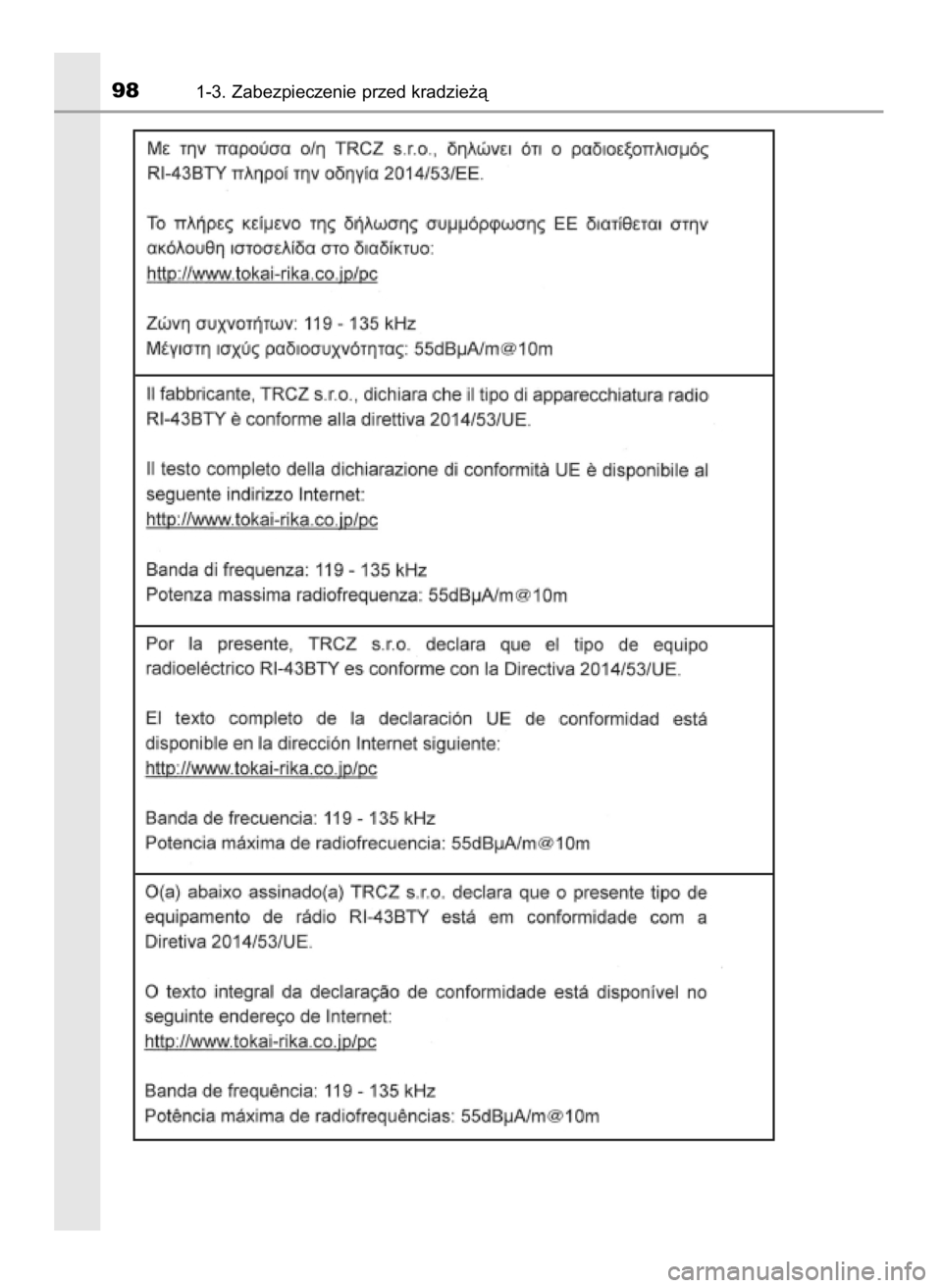 TOYOTA YARIS HATCHBACK 2019  Instrukcja obsługi (in Polish) 981-3. Zabezpieczenie przed kradzie˝à
10 YARIS OM52A54E  8/4/19  11:05  Page 98    (Black plate) 