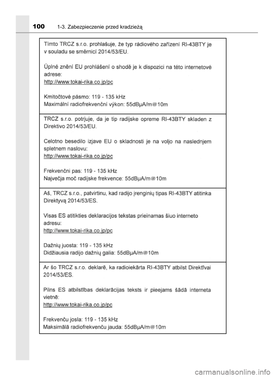 TOYOTA YARIS HATCHBACK 2019  Instrukcja obsługi (in Polish) 1001-3. Zabezpieczenie przed kradzie˝à
10 YARIS OM52A54E  8/4/19  11:05  Page 100    (Black plate) 