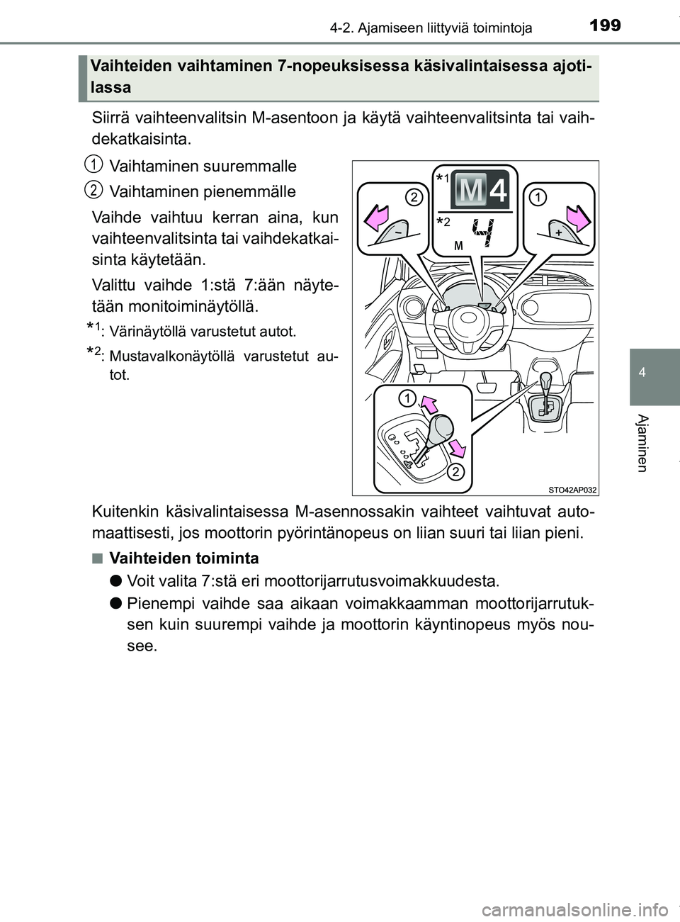 TOYOTA YARIS HATCHBACK 2019  Omistajan Käsikirja (in Finnish) 1994-2. Ajamiseen liittyviä toimintoja
4
Ajaminen
YARIS_F_OM_Europe_OM52A54FI
Siirrä vaihteenvalitsin M-asentoon ja käytä vaihteenvalitsinta tai vaih-
dekatkaisinta.
Vaihtaminen suuremmalle
Vaihta