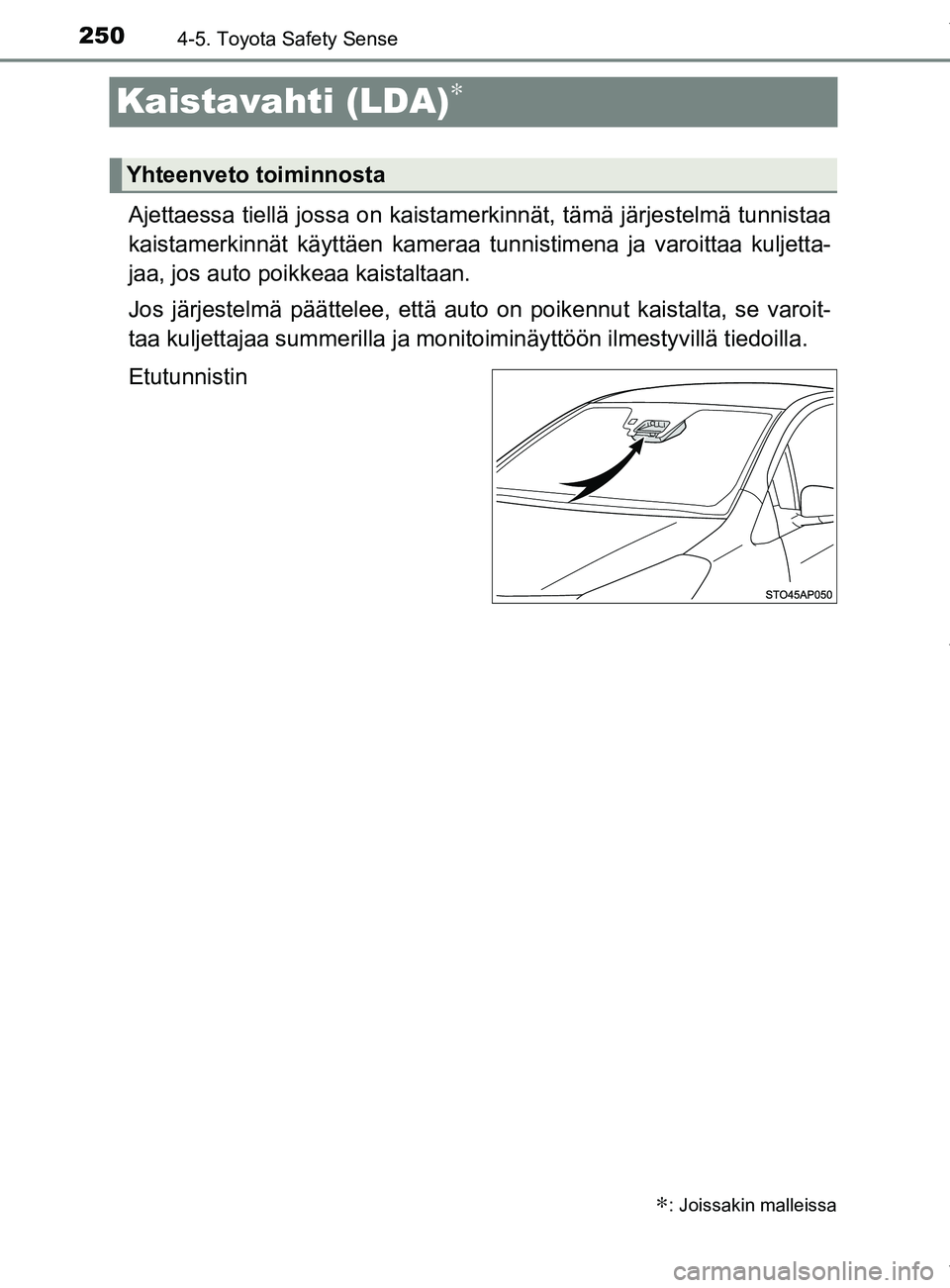 TOYOTA YARIS HATCHBACK 2019  Omistajan Käsikirja (in Finnish) 2504-5. Toyota Safety Sense
YARIS_F_OM_Europe_OM52A54FI
Kaistavahti (LDA)∗
Ajettaessa tiellä jossa on kaistamerkinnät, tämä järjestelmä tunnistaa
kaistamerkinnät käyttäen kameraa tunnistime