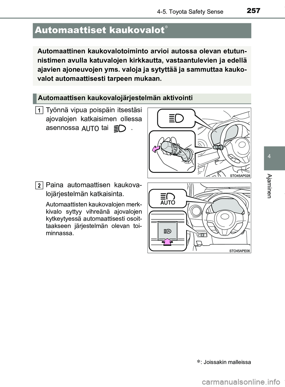 TOYOTA YARIS HATCHBACK 2019  Omistajan Käsikirja (in Finnish) 257
4
4-5. Toyota Safety Sense
Ajaminen
YARIS_F_OM_Europe_OM52A54FI
Automaattiset kaukovalot∗
Työnnä vipua poispäin itsestäsi
ajovalojen katkaisimen ollessa
asennossa   tai   .
Paina automaattis