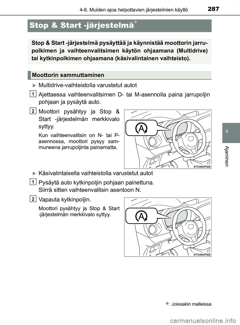 TOYOTA YARIS HATCHBACK 2019  Omistajan Käsikirja (in Finnish) 287
4
4-6. Muiden ajoa helpottavien järjestelmien käyttö
Ajaminen
YARIS_F_OM_Europe_OM52A54FI
Stop & Start -järjestelmä∗
Multidrive-vaihteistolla varustetut autot
Ajettaessa vaihteenvalitsim