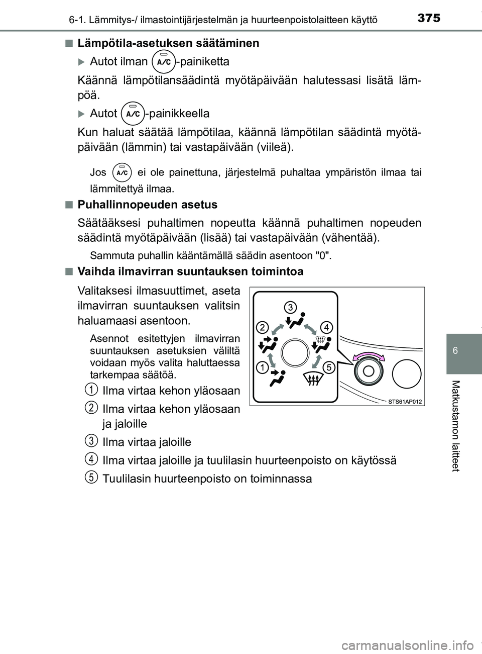 TOYOTA YARIS HATCHBACK 2019 Omistajan Käsikirja (in Finnish) 3756-1. Lämmitys-/ ilmastointijärjestelmän ja huurteenpoistolaitteen käyttö
6
Matkustamon laitteet
YARIS_F_OM_Europe_OM52A54FIn
Lämpötila-asetuksen säätäminen
Autot ilman -painiketta
Kä TOYOTA YARIS HATCHBACK 2019 Omistajan Käsikirja (in Finnish) 3756-1. Lämmitys-/ ilmastointijärjestelmän ja huurteenpoistolaitteen käyttö
6
Matkustamon laitteet
YARIS_F_OM_Europe_OM52A54FIn
Lämpötila-asetuksen säätäminen
Autot ilman -painiketta
Kä