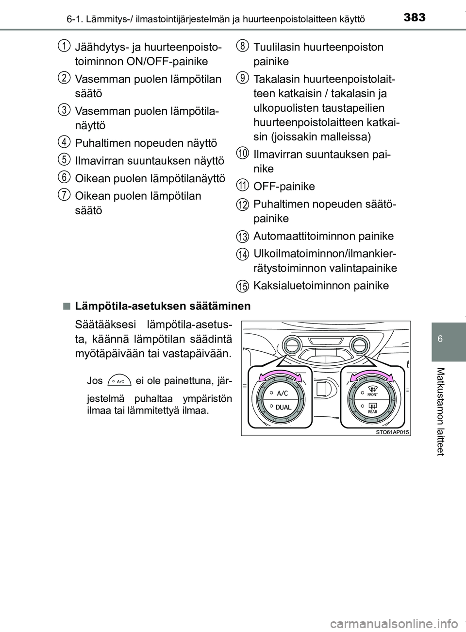 TOYOTA YARIS HATCHBACK 2019 Omistajan Käsikirja (in Finnish) 3836-1. Lämmitys-/ ilmastointijärjestelmän ja huurteenpoistolaitteen käyttö
6
Matkustamon laitteet
YARIS_F_OM_Europe_OM52A54FIn
Lämpötila-asetuksen säätäminen
Säätääksesi lämpötila-ase TOYOTA YARIS HATCHBACK 2019 Omistajan Käsikirja (in Finnish) 3836-1. Lämmitys-/ ilmastointijärjestelmän ja huurteenpoistolaitteen käyttö
6
Matkustamon laitteet
YARIS_F_OM_Europe_OM52A54FIn
Lämpötila-asetuksen säätäminen
Säätääksesi lämpötila-ase