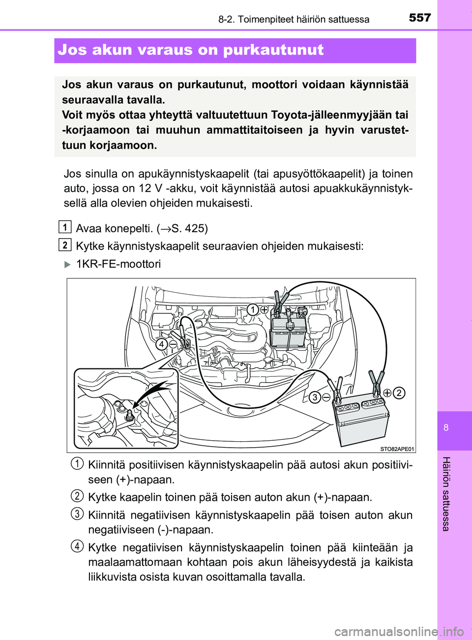 TOYOTA YARIS HATCHBACK 2019  Omistajan Käsikirja (in Finnish) 5578-2. Toimenpiteet häiriön sattuessa
8
Häiriön sattuessa
YARIS_F_OM_Europe_OM52A54FI
Jos akun varaus on purkautunut
Jos sinulla on apukäynnistyskaapelit  (tai apusyöttökaapelit) ja toinen
aut