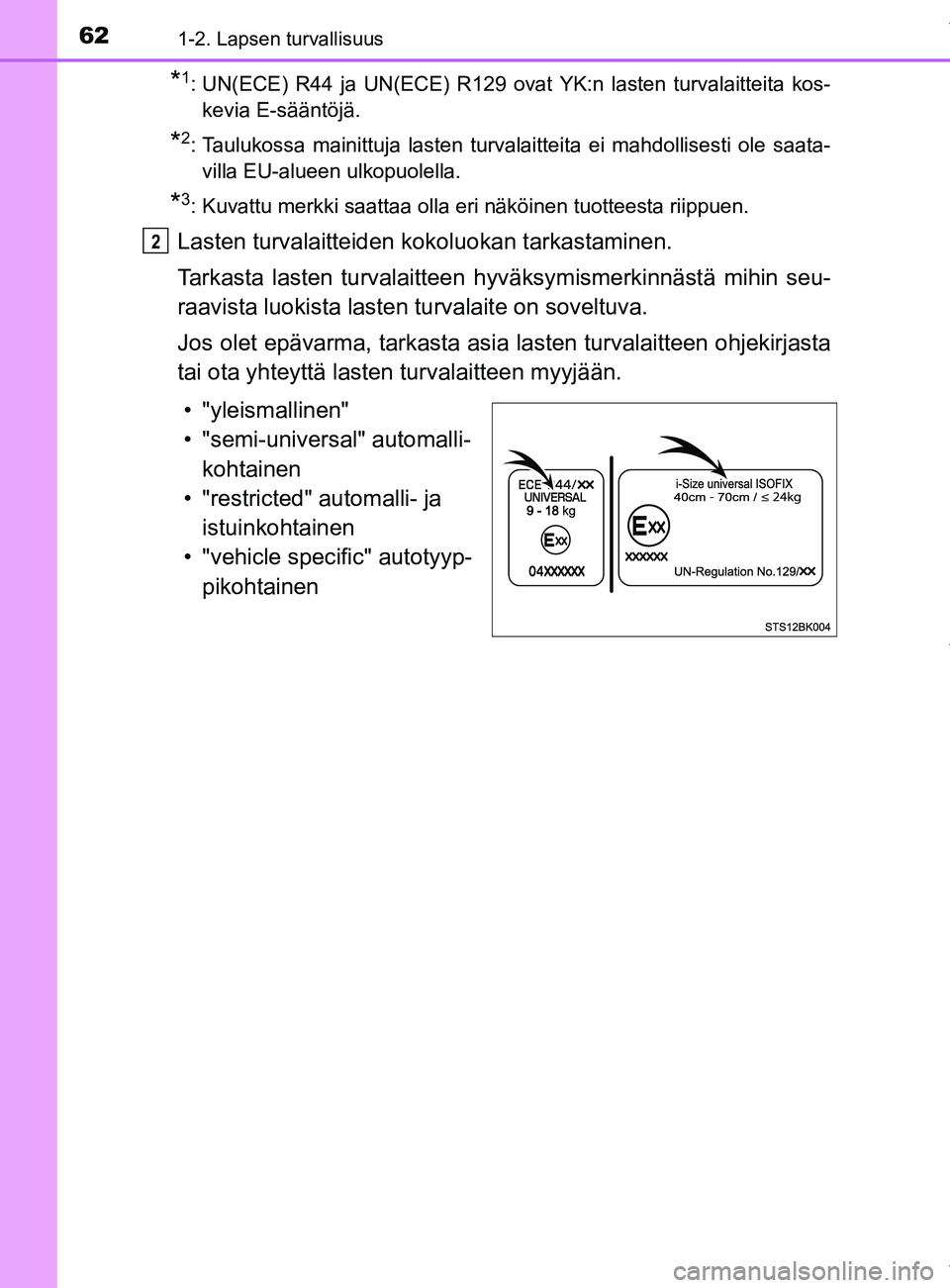 TOYOTA YARIS HATCHBACK 2019  Omistajan Käsikirja (in Finnish) 621-2. Lapsen turvallisuus
YARIS_F_OM_Europe_OM52A54FI
*1: UN(ECE) R44 ja UN(ECE) R129 ovat YK:n lasten turvalaitteita kos-
kevia E-sääntöjä.
*2: Taulukossa mainittuja lasten turvalaitteita ei mah
