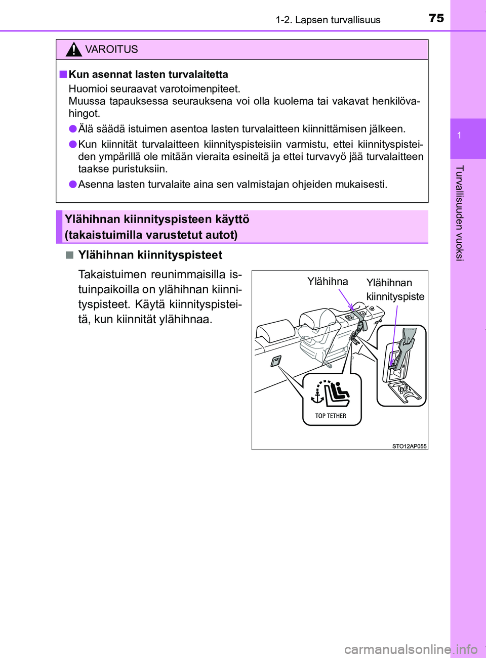 TOYOTA YARIS HATCHBACK 2019  Omistajan Käsikirja (in Finnish) 751-2. Lapsen turvallisuus
1
Turvallisuuden vuoksi
YARIS_F_OM_Europe_OM52A54FIn
Ylähihnan kiinnityspisteet
Takaistuimen reunimmaisilla is-
tuinpaikoilla on ylähihnan kiinni-
tyspisteet. Käytä kiin