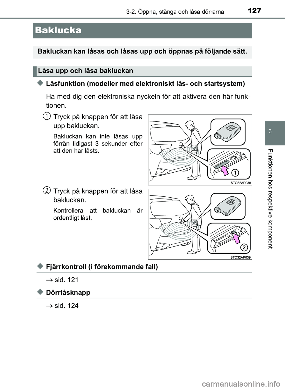 TOYOTA YARIS HATCHBACK 2019  Bruksanvisningar (in Swedish) 127
3
3-2. Öppna, stänga och låsa dörrarna
Funktionen hos respektive komponent
OM52A54SE
Baklucka
uLåsfunktion (modeller med elektroniskt lås- och startsystem)
Ha med dig den elektroni ska nycke