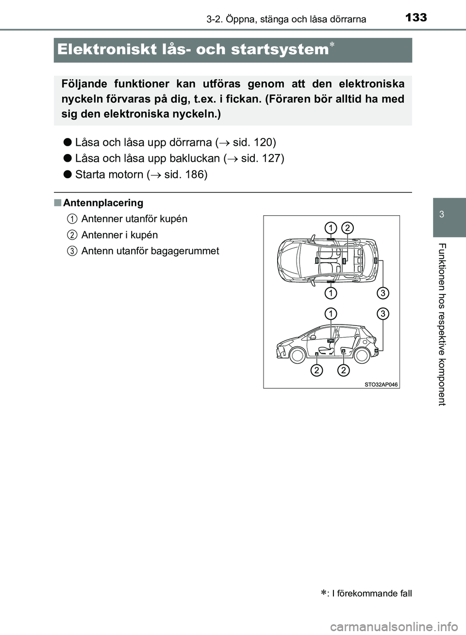 TOYOTA YARIS HATCHBACK 2019  Bruksanvisningar (in Swedish) 133
3
3-2. Öppna, stänga och låsa dörrarna
Funktionen hos respektive komponent
OM52A54SE
Elektroniskt lås- och startsystem
lLåsa och låsa upp dörrarna (  sid. 120)
l Låsa och låsa upp 
