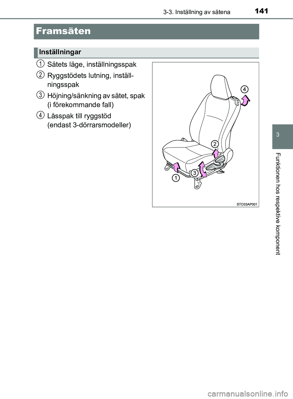 TOYOTA YARIS HATCHBACK 2019  Bruksanvisningar (in Swedish) 141
3
3-3. Inställning av sätena
Funktionen hos respektive komponent
OM52A54SE
Framsäten
Sätets läge, inställningsspak
Ryggstödets lutning, inställ-
ningsspak
Höjning/sänkning av sätet, spa