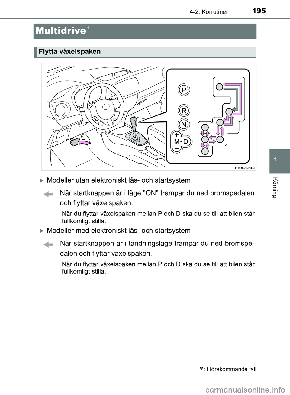 TOYOTA YARIS HATCHBACK 2019  Bruksanvisningar (in Swedish) 195
4
4-2. Körrutiner
Körning
OM52A54SE
Multidrive
Modeller utan elektroniskt lås- och startsystemNär startknappen är i läge ”ON” trampar du ned bromspedalen
och flyttar växelspaken.
